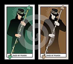 Page or knave of swords with top hat holding a sword with flowers and leaves. Minor arcana Tarot cards. Spanish playing cards