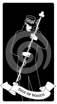 Page or knave of wands with top hat holding a stick with flowers and leaves. Minor arcana Tarot cards