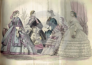 Page of model drawings of the fashion in the 19th century, from a book drawn in 1861