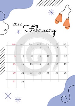 The page with the month Fabruary 2022 with abstract elements, snowflakes and mittens. Vertical poster in a simple cute style with