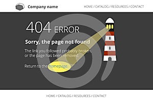 Page not found Error 404 with lighthouse on dark