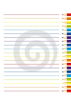 Page for notebook with isolated colored pencils: red, orange, blue, light blue, violet, green, yellow and colored horizontal lines