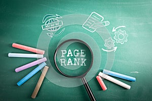 Page Rank. Magnifying glass on green school blackboard background