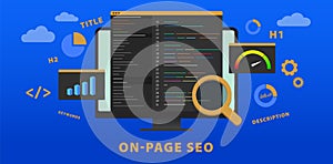 On-page SEO Search Engine Optimization website vector banner concept. Change of title, description, meta tags, h1, headlines