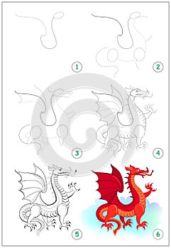 Page shows how to draw step by step cute red dragon from fairyland. Developing children skills for drawing and coloring. photo