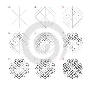 Page shows how to learn to draw sketch of Celtic knot ornament. Creation step by step pencil drawing. Educational page for artists