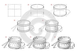 Page shows how to learn to draw sketch of drum. Creation step by step pencil drawing. Educational page for artists. Textbook for photo