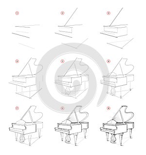 Page shows how to learn to draw sketch of grand piano. Creation step by step pencil drawing. Educational page for artists. photo