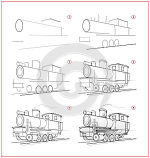 Page shows how to learn to draw sketch of locomotive. Creation step by step pencil drawing. Educational page for artists. Textbook photo