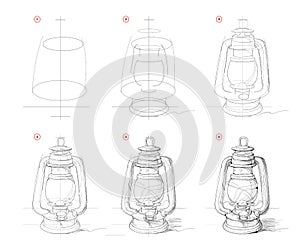 Page shows how to learn to draw sketch of old kerosene lamp. Creation step by step pencil drawing. Educational page for artists. photo