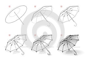 Page shows how to learn to draw sketch of open umbrella. Creation step by step pencil drawing. Educational page for artists. photo