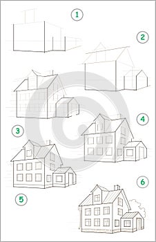 Page shows how to learn step by step to create pencil drawing of house. Developing children skills to draw. Back to school.