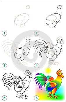 Page shows how to learn step by step to draw a cock.