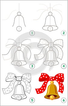 Page shows how to learn step by step to draw a cute bell with a bow. Developing children skills for drawing and coloring.