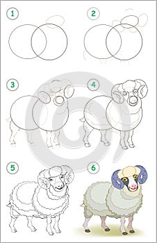 Page shows how to learn step by step to draw a cute domestic male sheep. Developing children skills for drawing and coloring.