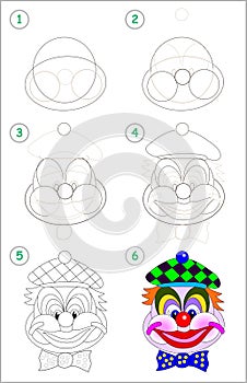 Page shows how to learn step by step to draw cute head of toy smiling clown. Developing children skills for drawing and coloring.