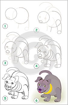 Page shows how to learn step by step to draw a cute little puppy. Developing children skills for drawing and coloring.