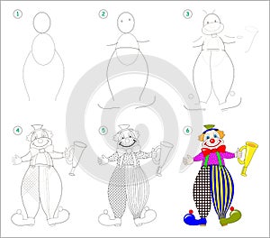 Page shows how to learn step by step to draw cute smiling clown. Developing children skills for drawing and coloring.