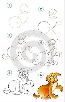 Page shows how to learn step by step to draw a dog. Developing children skills for drawing and coloring.