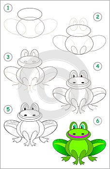 Page shows how to learn step by step to draw a funny frog.