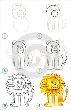 Page shows how to learn step by step to draw a lion.