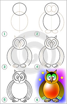 Page shows how to learn step by step to draw an owl.