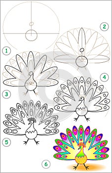 Page shows how to learn step by step to draw a peacock.
