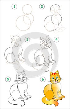 Page shows how to learn step by step to draw a sitting red cat.