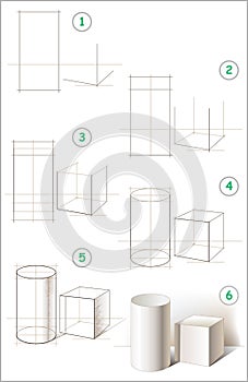 Page shows how to learn step by step to draw a still life with cylinder and cube.