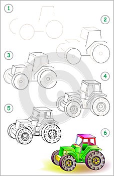 Page shows how to learn step by step to draw a toy tractor.