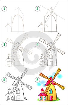 Page shows how to learn step by step to draw a windmill. Developing children skills for drawing and coloring.