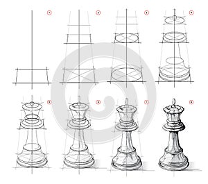 Page shows how to learn to draw from life sketch a chess king. Pencil drawing lessons. Educational page for artists. Textbook for