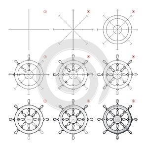 Page shows how to learn to draw from life sketch a ship steering wheel. Pencil drawing lessons. Educational page.