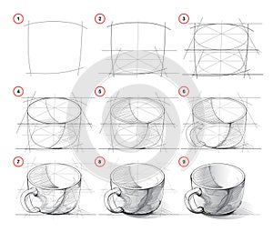 Page shows how to learn to draw from life sketch of a teacup. Pencil drawing lessons. Educational page for artists. Development of