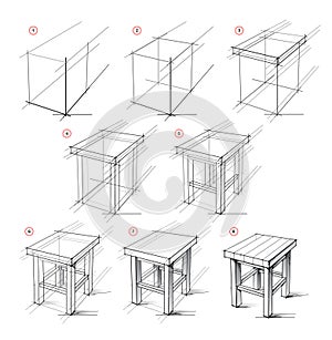 Page shows how to learn to draw from life sketch a wood stool in perspective. Pencil drawing lessons. Educational page for artists