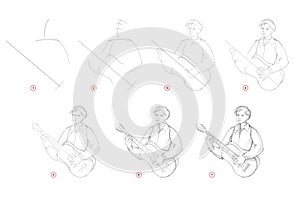 Page shows how to learn to draw sketch of boy playing guitar. Creation step by step pencil drawing. Educational page for artists.