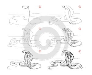 Page shows how to learn to draw sketch of cobra. Creation step by step pencil drawing of snake. Educational page for artists.