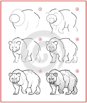 Page shows how to learn to draw sketch of cute bear. Creation step by step pencil drawing. Educational page for artists. Textbook