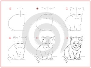 Page shows how to learn to draw sketch of cute little kitten. Creation step by step pencil drawing. Educational page for artists.