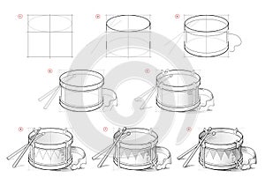 Page shows how to learn to draw sketch of drum. Creation step by step pencil drawing. Educational page for artists. Textbook for
