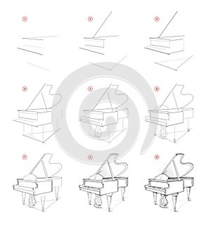 Page shows how to learn to draw sketch of grand piano. Creation step by step pencil drawing. Educational page for artists.