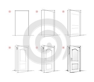 Page shows how to learn to draw sketch of half-open door. Pencil drawing lessons. Educational page for artists. Textbook for