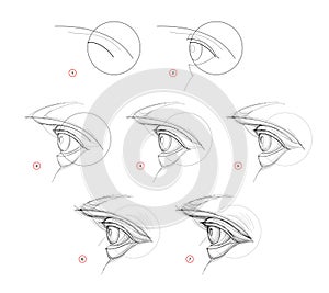 Page shows how to learn to draw sketch of human eye. Creation step by step pencil drawing. Educational page for artists. Textbook