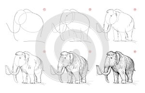 Page shows how to learn to draw sketch of mammoth. Creation step by step pencil drawing. Educational page for artists. Textbook
