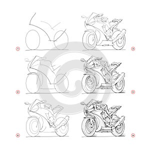Page shows how to learn to draw sketch of motorcycle. Creation step by step pencil drawing. Educational page for artists. Textbook