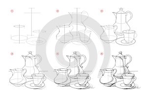 Page shows how to learn to draw sketch of old coffee set. Creation step by step pencil drawing. Educational page for artists.