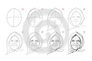 Page shows how to learn to draw sketch of old granny face. Pencil drawing lessons. Educational page for artists. Textbook for