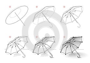 Page shows how to learn to draw sketch of open umbrella. Creation step by step pencil drawing. Educational page for artists.