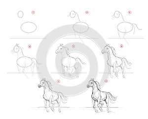 Page shows how to learn to draw sketch of running horse. Pencil drawing lessons. Educational page for artists. Textbook for