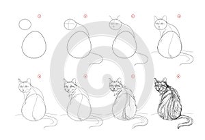 Page shows how to learn to draw sketch a sitting cat. Pencil drawing lessons. Educational page for artists. Textbook for